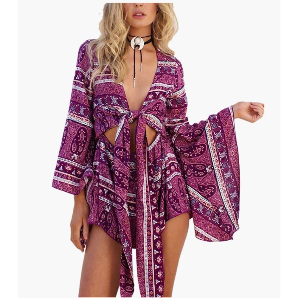 Boho Rose Red Paisley Printed V-Neck Tie Waist‎ Cut Out Romper Playsuit Dress
